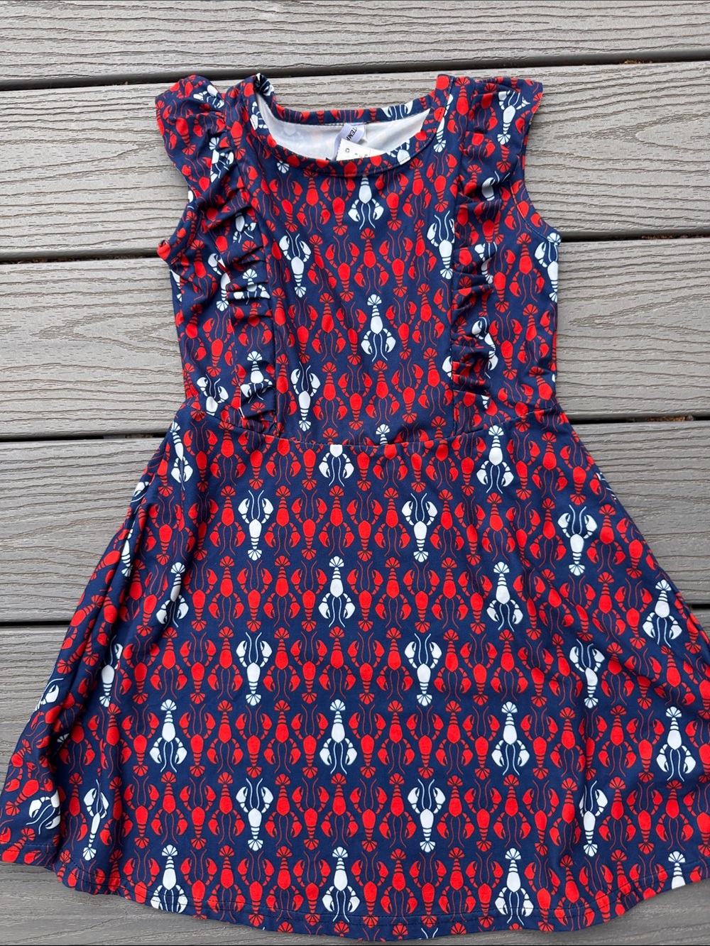 Little Miss Navy Dress with Red & White Lobster Print and Ruffle Detail